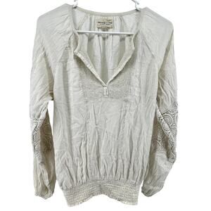 Denim & Supply Ralph Lauren Blouse Top Smocked Hem Eyelet V Neck Boho White S